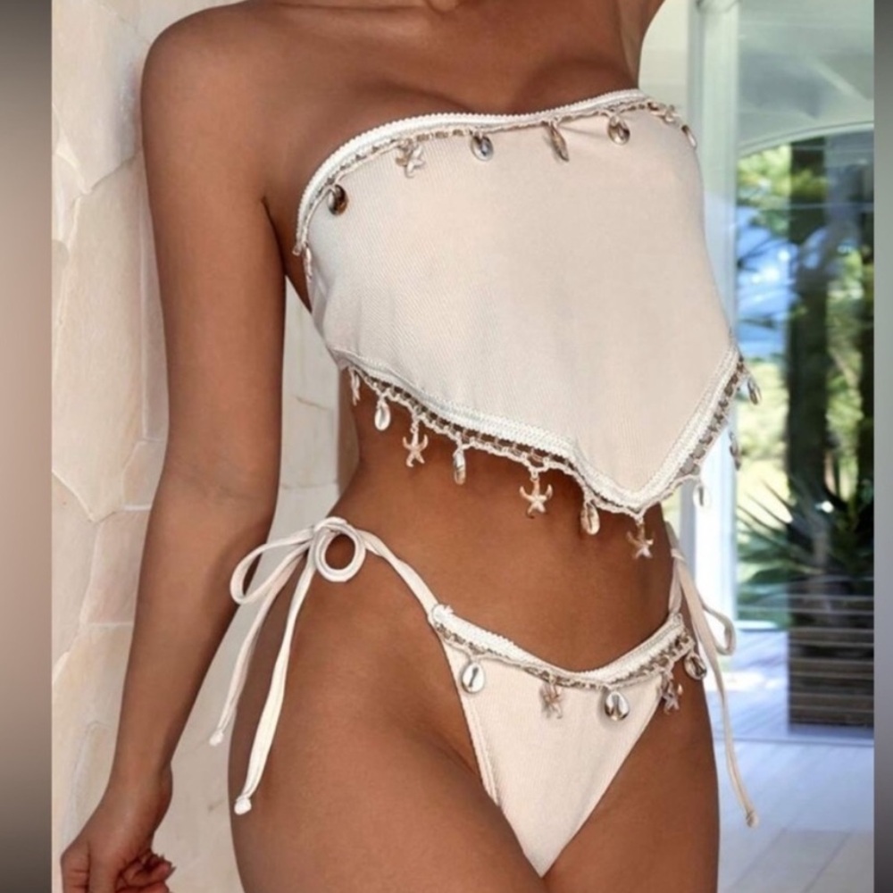 Boho Shell Trim Bandeau Bikini Set Cream Tie Side Swim S M L